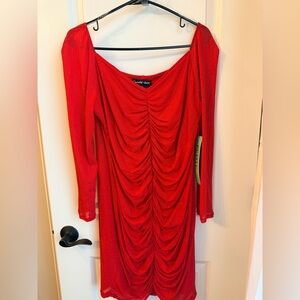 NWT Red Sparkle Ruched Long-Sleeve Dress by Candalite Petite Size Petite XL